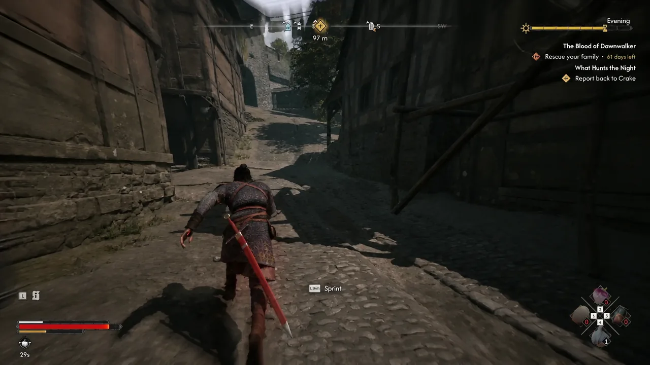 Sprint prompt on Left Shift as the player runs up the winding path toward the archway