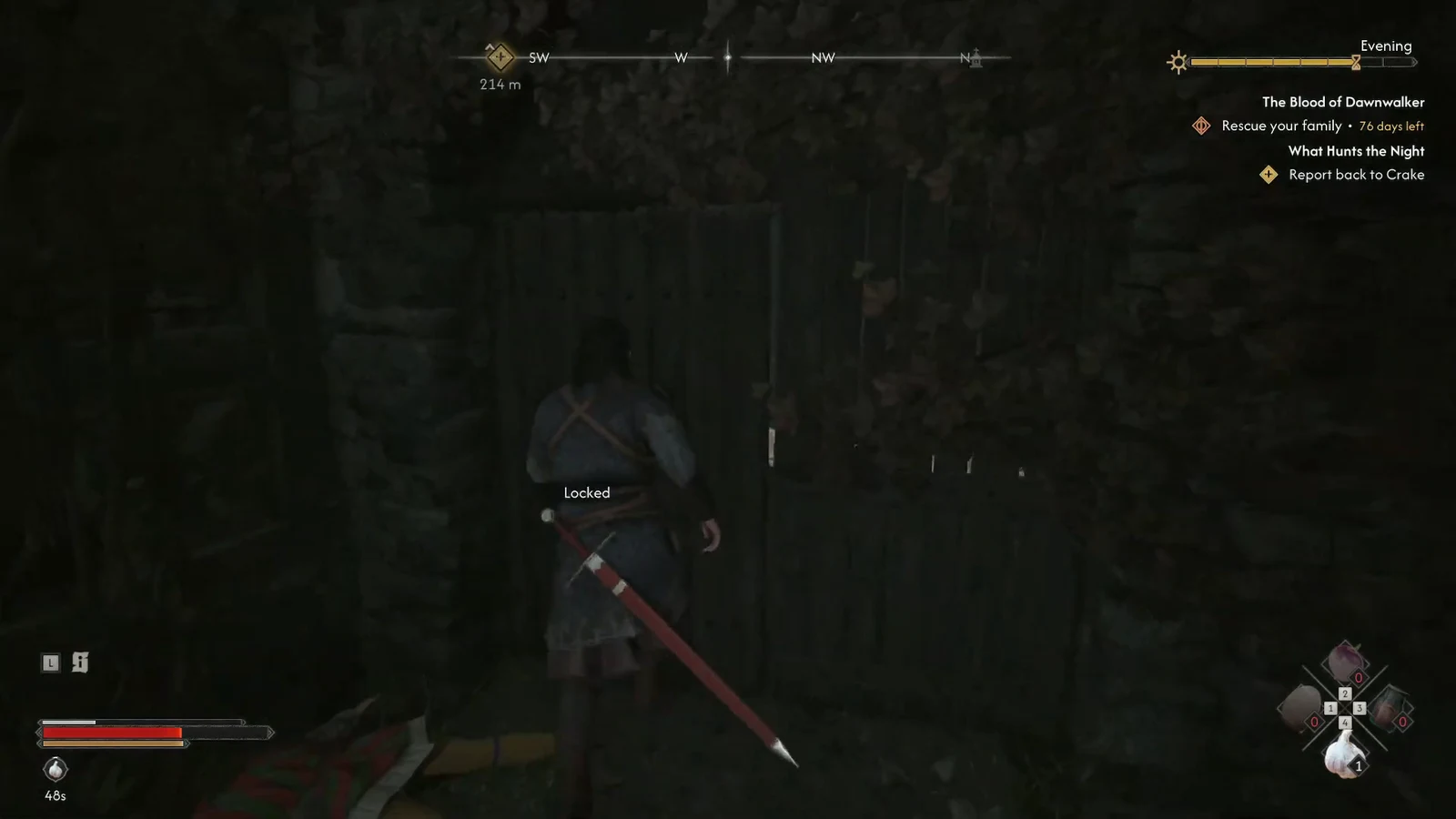 A gate showing the Locked prompt when the player tries to open it