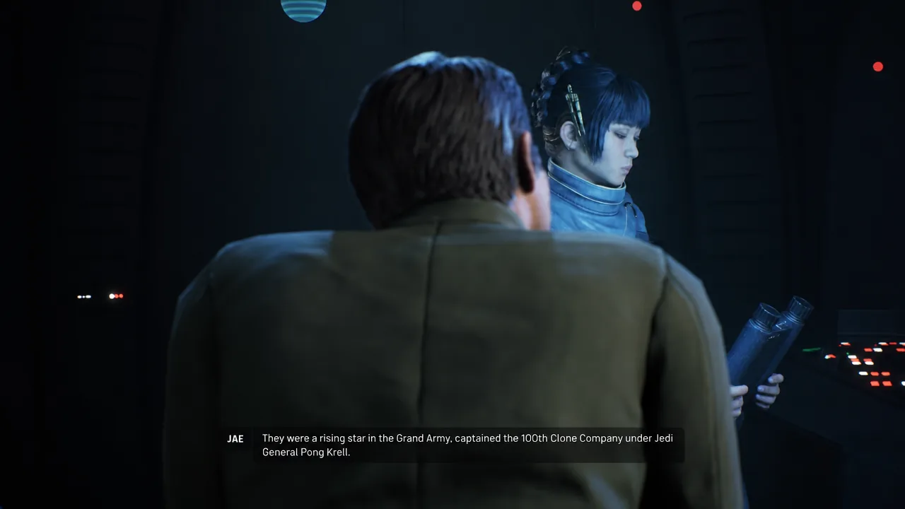Jae speaking with another character in a dimly lit ship interior, subtitle on screen
