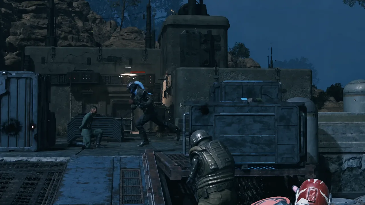 Operator crouched behind cover aiming at an armored outlaw enemy during combat