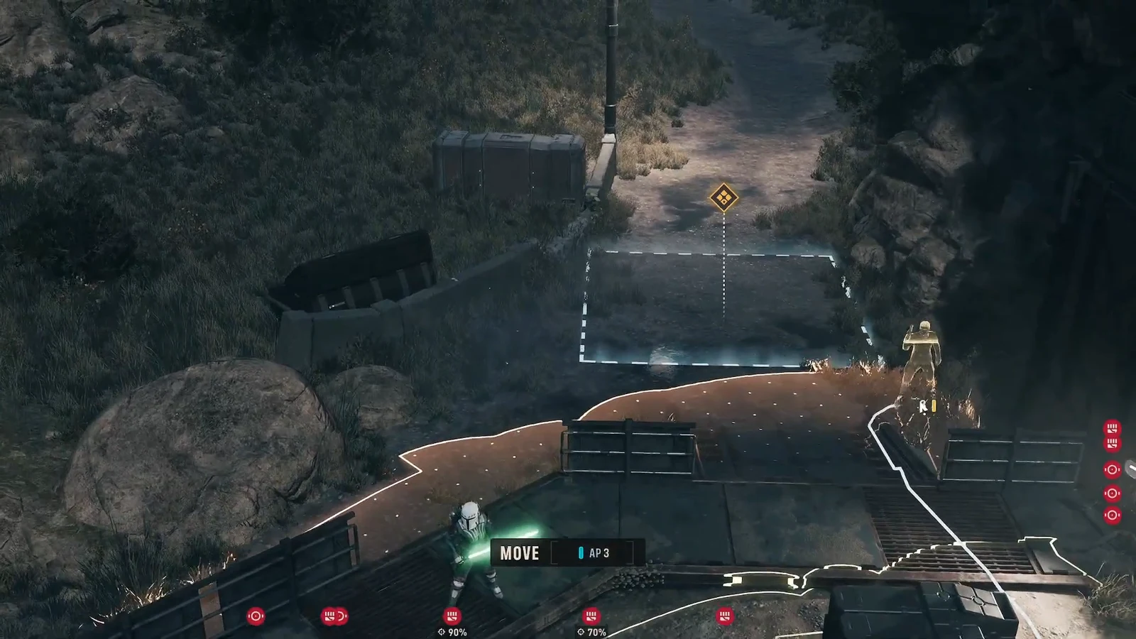 Move command highlighted with a plotted route to the objective costing 3 AP