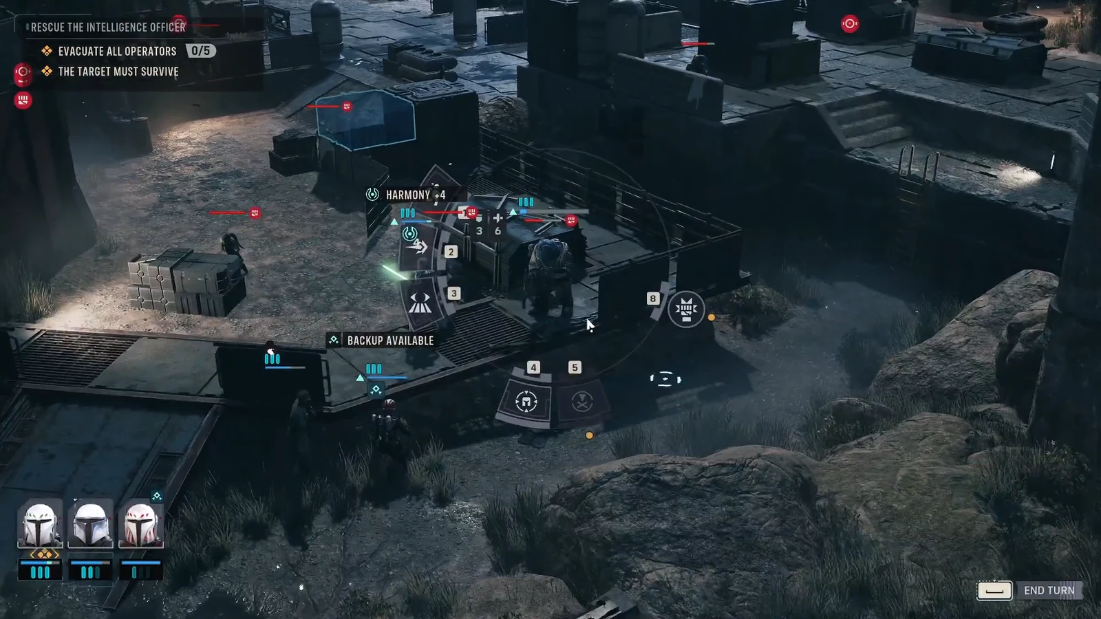 Radial command menu open for a unit showing Harmony +4 and abilities before ending the turn