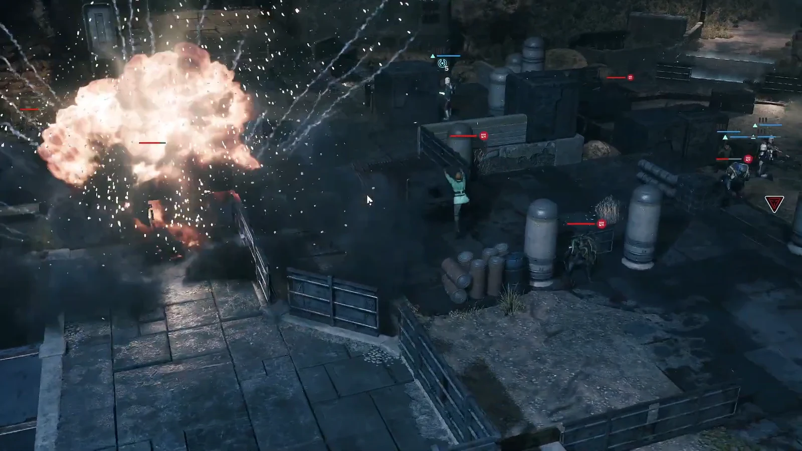 Explosion on the left of the battlefield as allied and enemy units exchange fire near cover