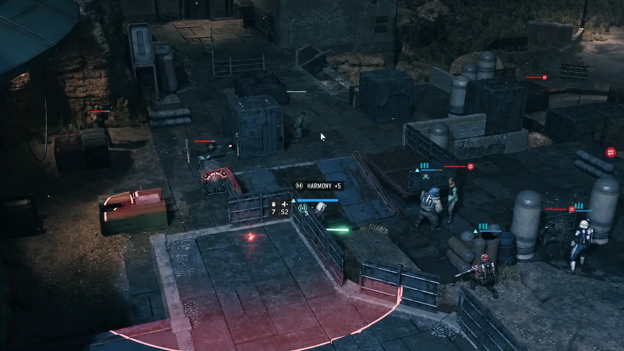 Tactical combat screen with the HARMONY +5 status indicator shown as units engage