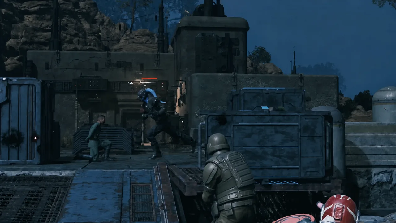 Operator crouched behind cover aiming at an armored outlaw enemy during combat