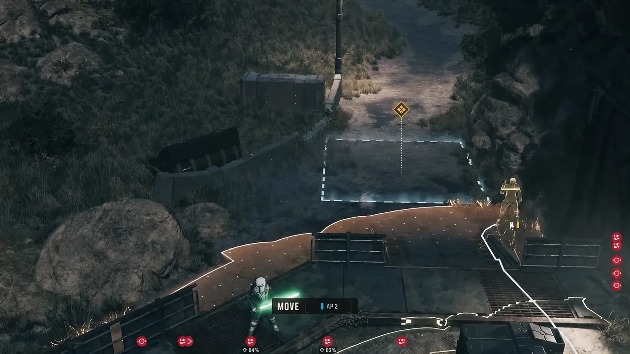 Move command highlighted with a plotted route to the objective costing 3 AP