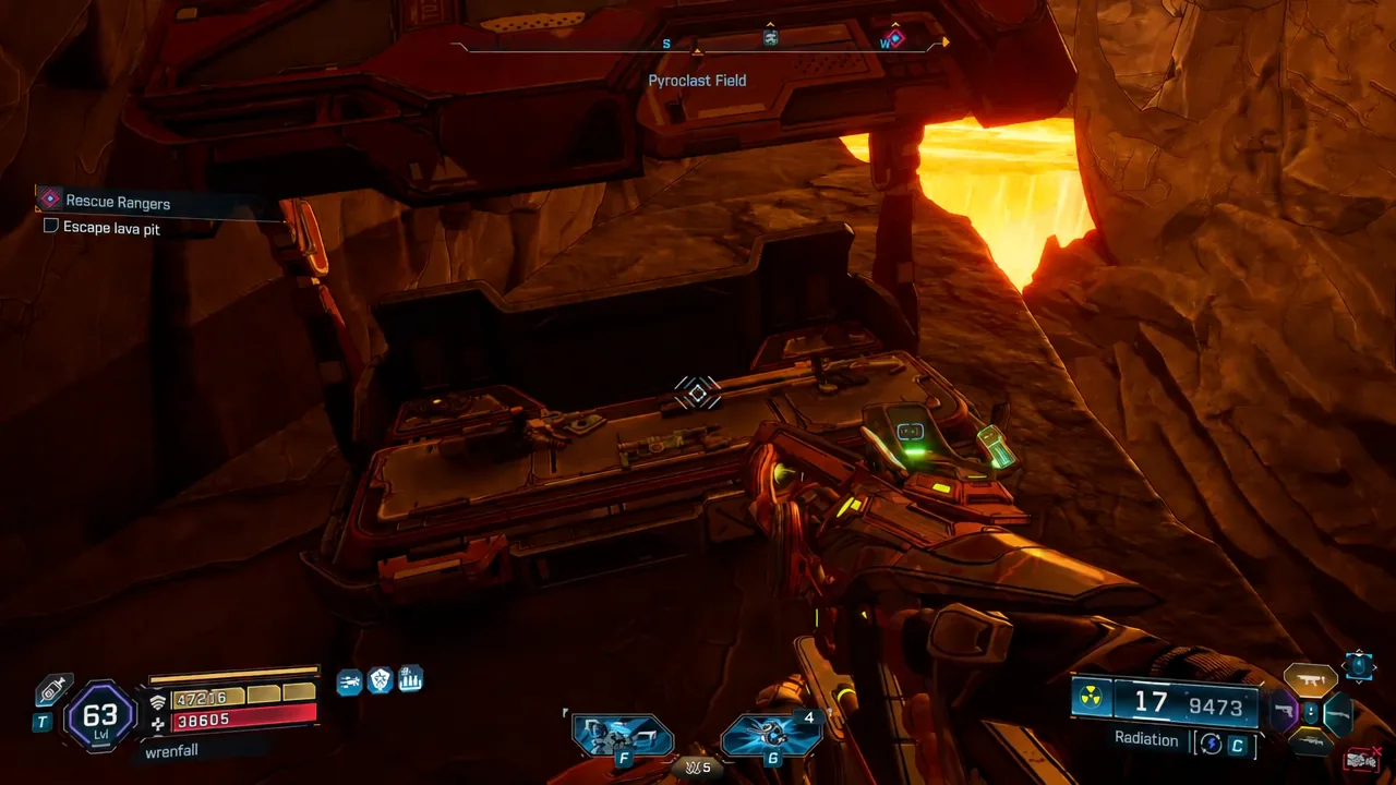 Open red chest near the cave exit after escaping the rising lava