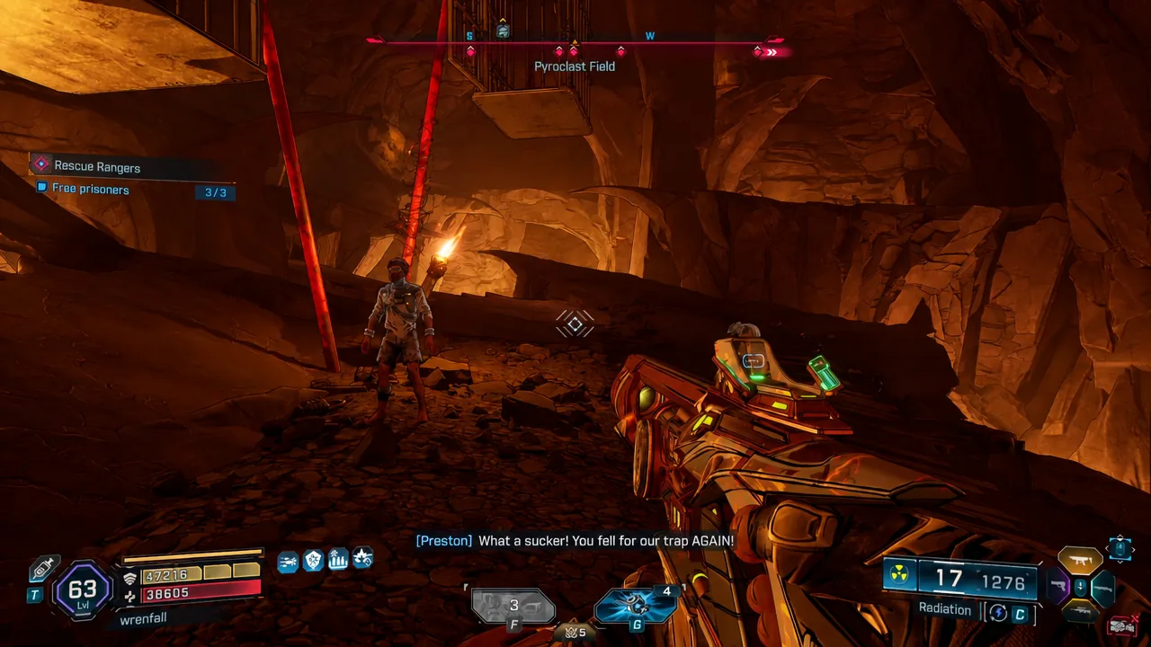 Free prisoners objective showing 3 of 3 completed while the player holds a weapon up