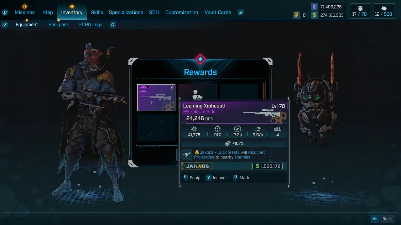 Looming Xiuhcoatl highlighted in the inventory rewards panel with its full stat card open