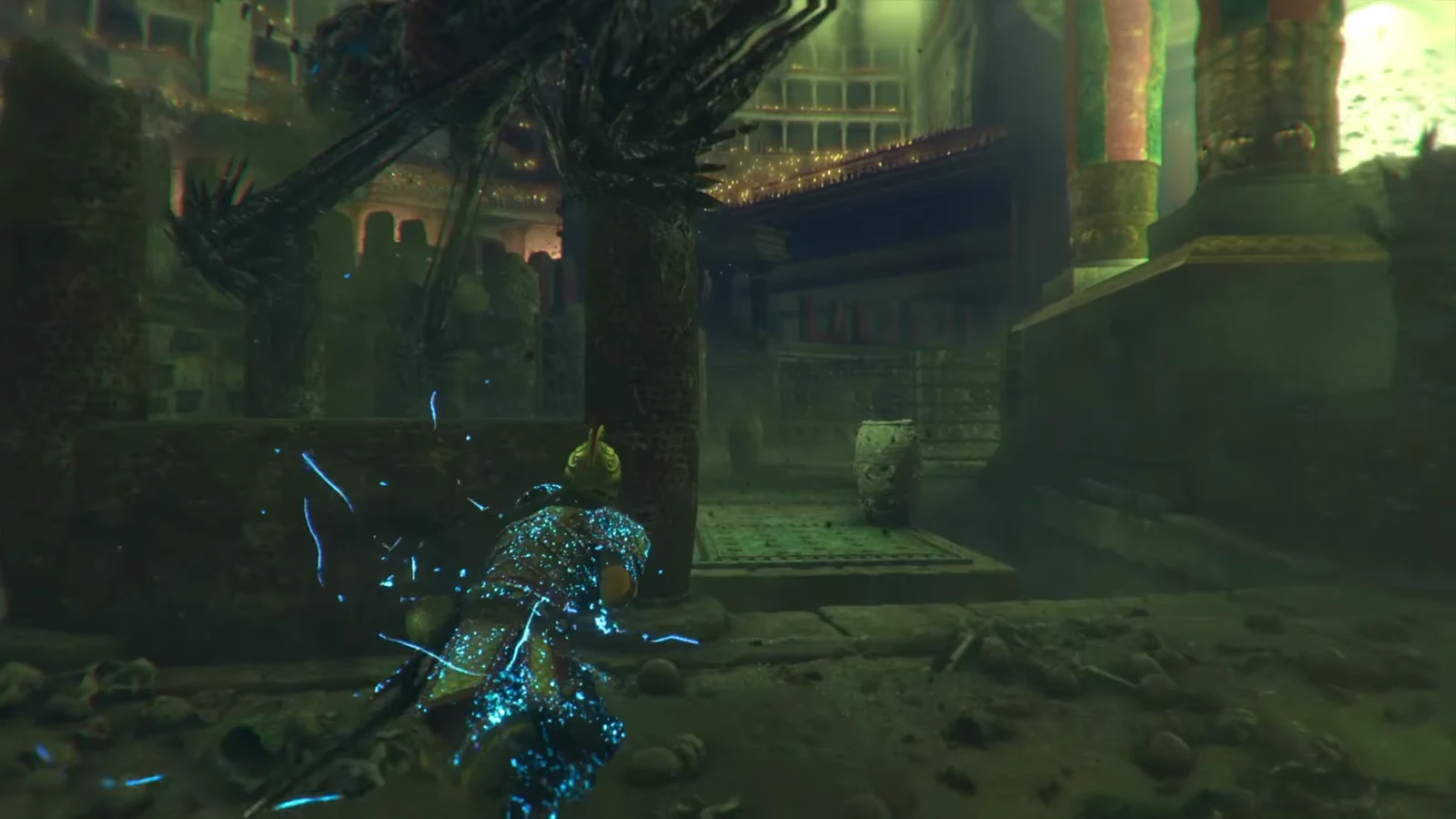 Glowing armored figure walking through a ruined temple courtyard lined with stone columns