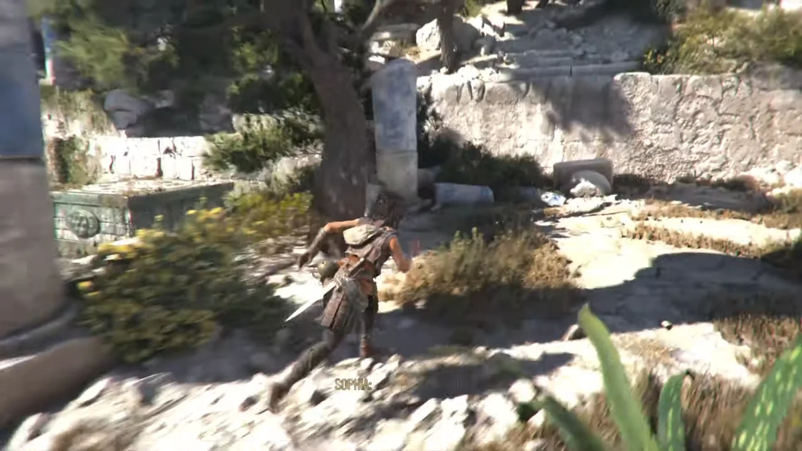 Player sprinting through sunlit stone ruins toward the path ahead in Chapter 5