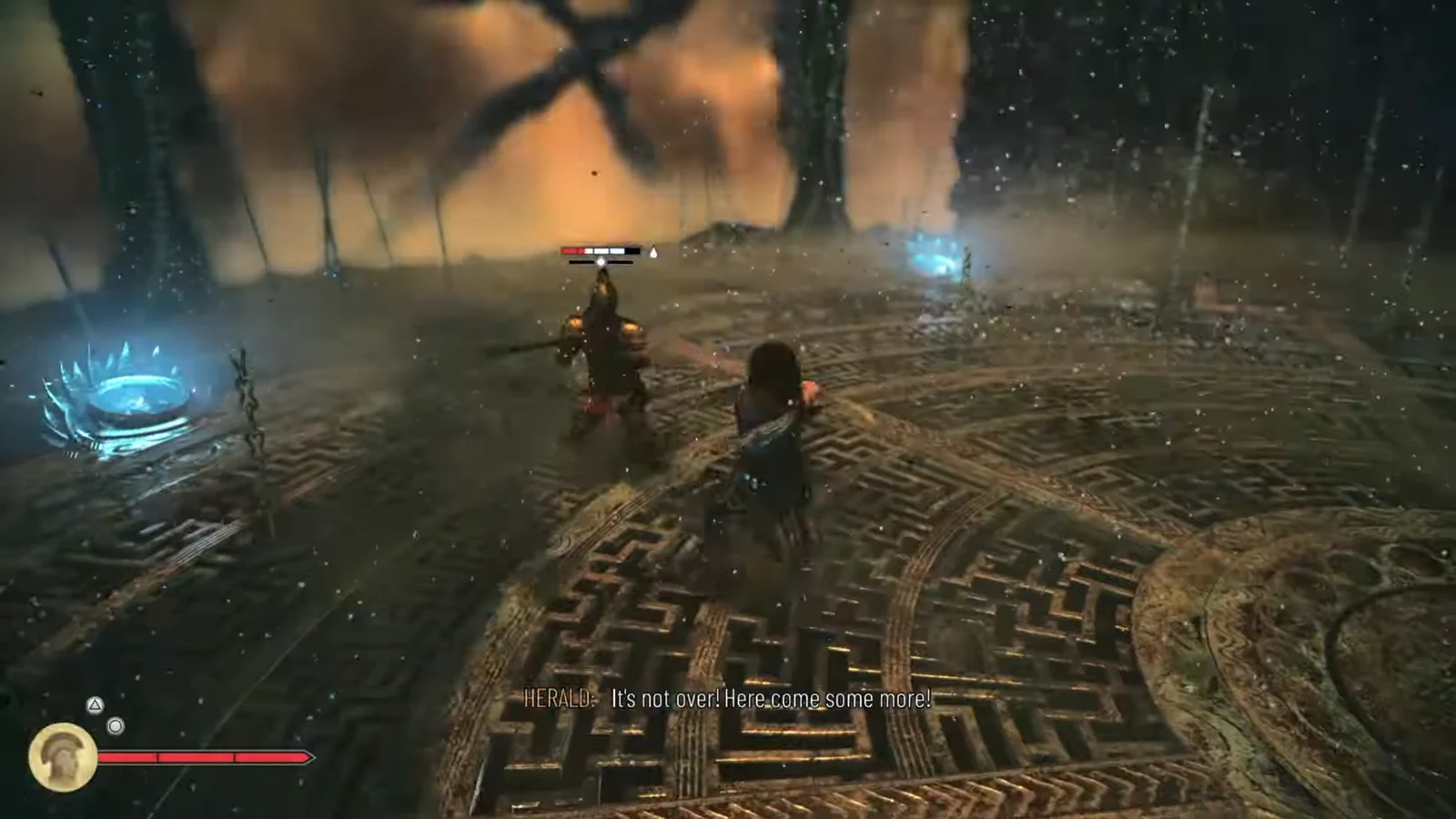 Sophia trades blows with a spear-wielding enemy in a flooded arena, enemy health bar on screen