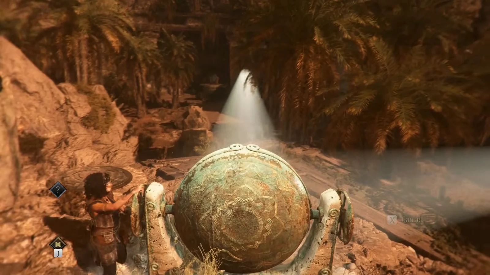 Hands turn an engraved sphere set into a stone cradle to aim the scaffolding mirror