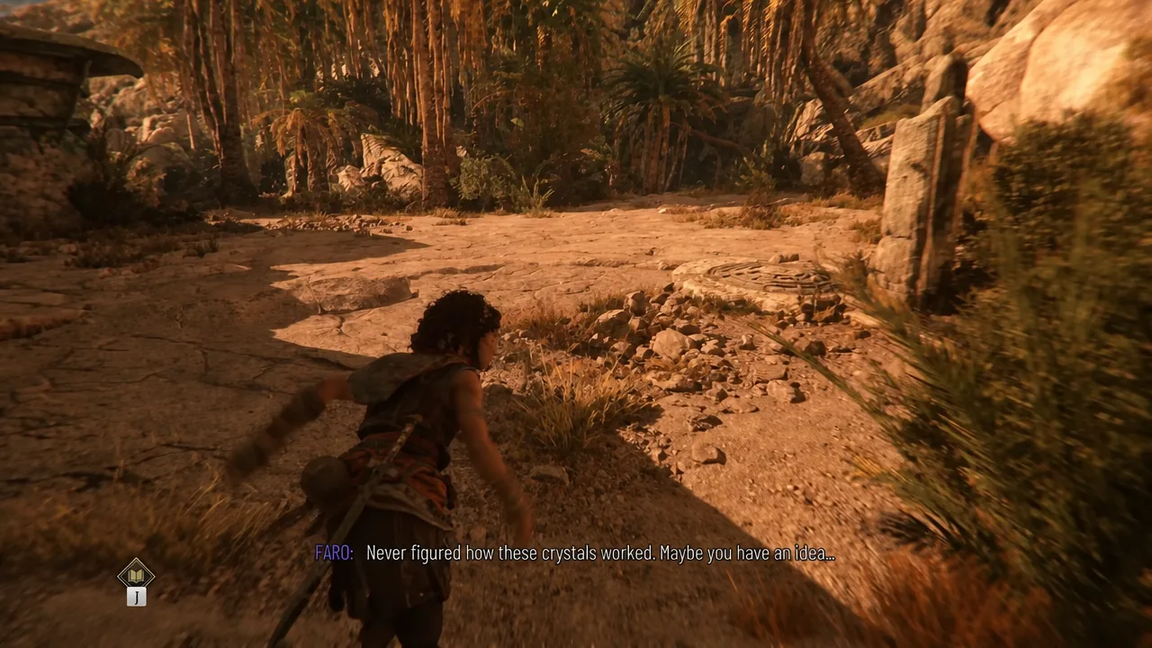 Faro crouches in the ruins area as dialogue about the crystals appears on screen