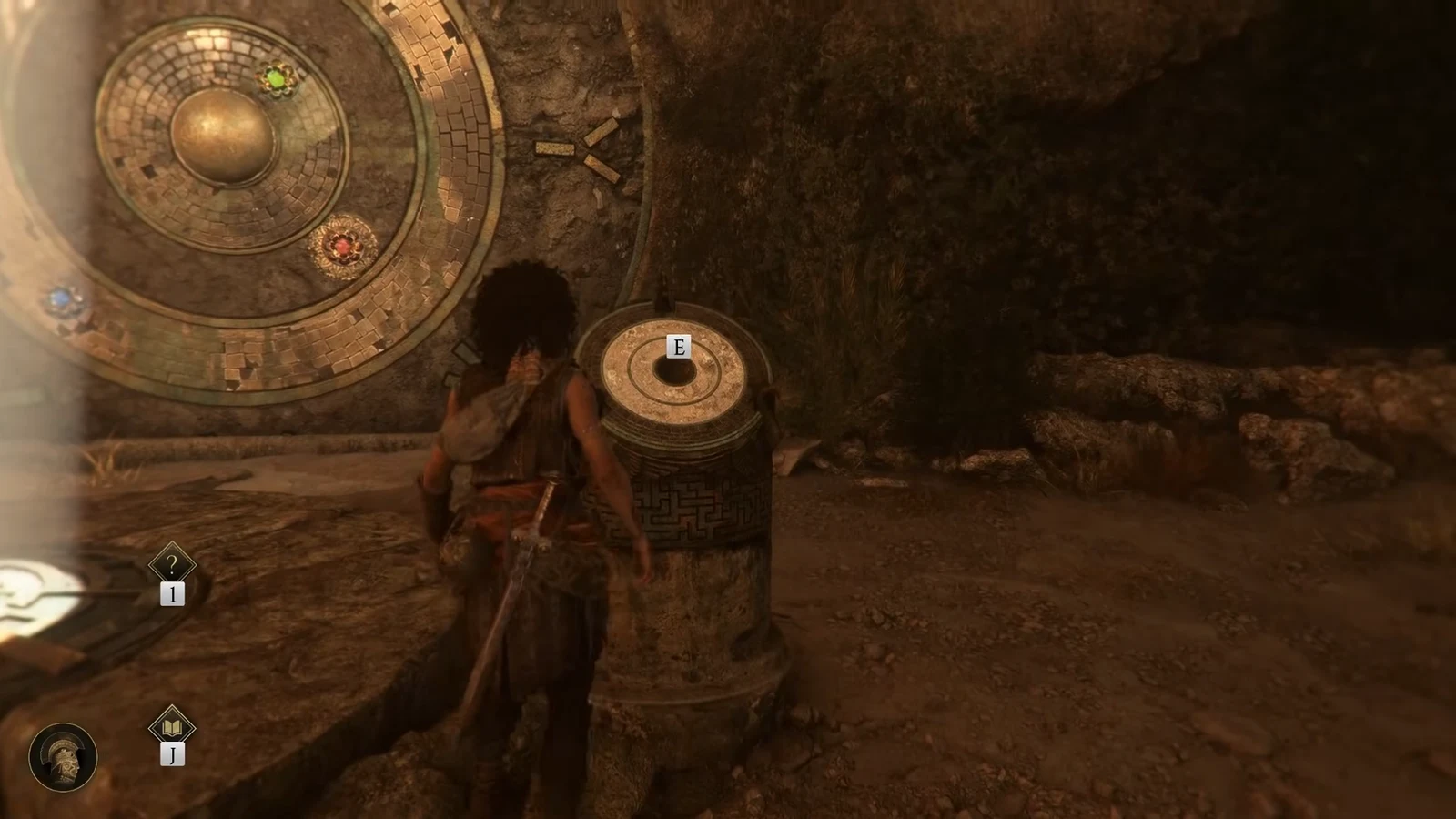 A stone pedestal with an E prompt stands beside the circular door mechanism