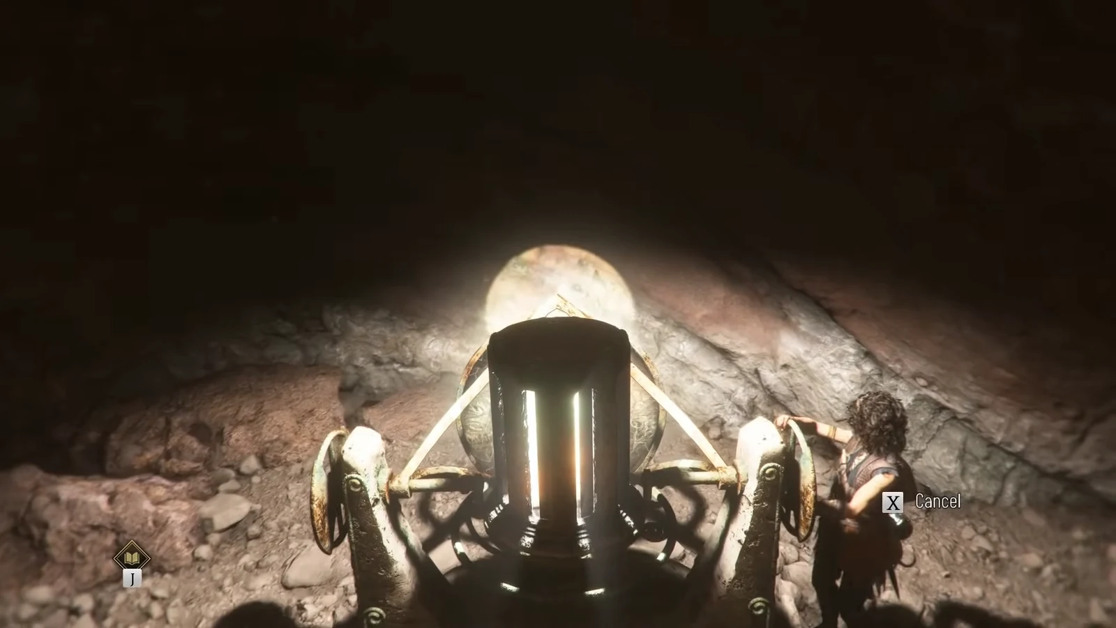 Sophia operates the cave mirror mechanism with an X Cancel prompt on screen