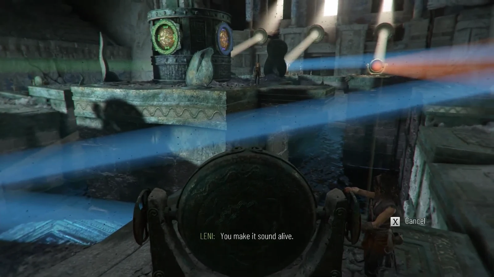 Coloured beams being angled from a mounted reflector toward targets across the ruined chamber