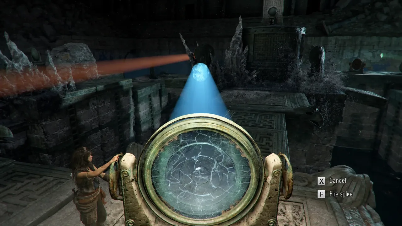 Aiming prompt on screen while sweeping a light beam across the corruption in the mirror room