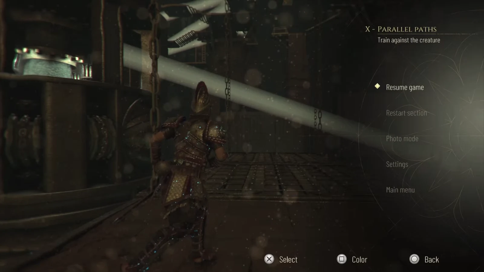 Parallel Paths pause menu open with Resume game highlighted