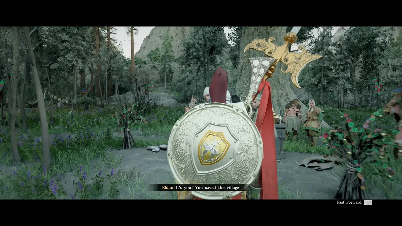 Eldan's dialogue subtitle on screen with the Fast Forward prompt visible during the cutscene