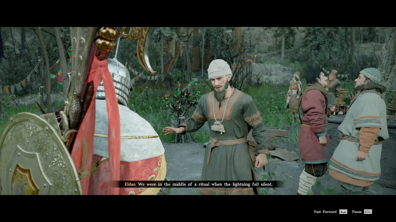 Cutscene subtitle bar showing Eldan speaking, with Fast Forward and Pause controls
