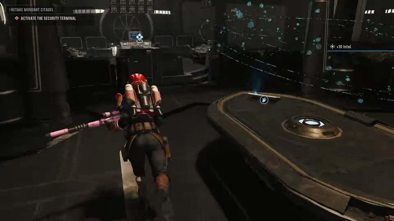 Hawks stands in front of the highlighted security terminal in Mordant Citadel ready to interact