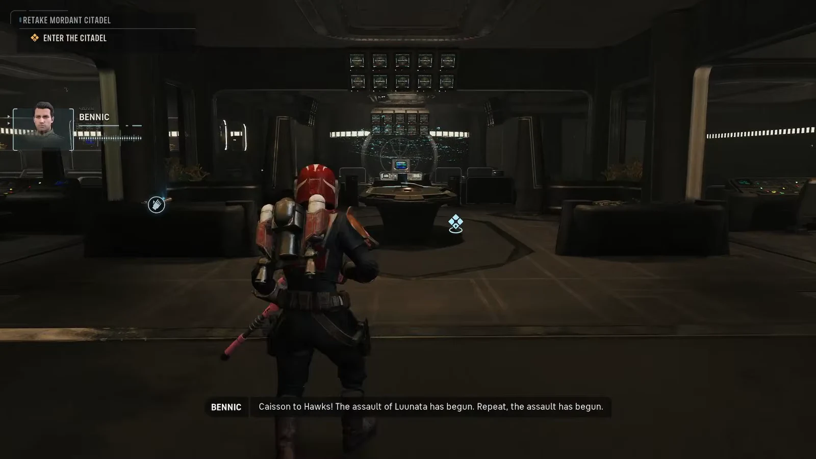 Hawks walks into the Citadel control room with the Enter the Citadel objective active and a console marked ahead