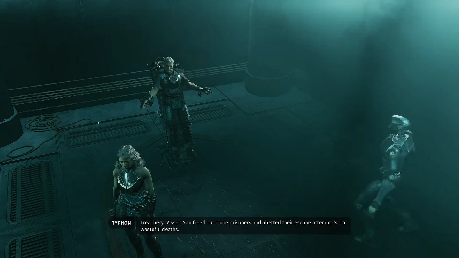 Cutscene subtitle showing Typhon accusing Visser of freeing the clone prisoners and helping them escape