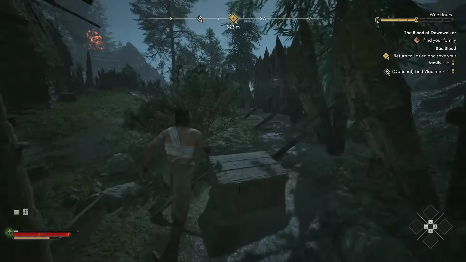 Coen following a forest path with the compass marker pointing toward Laslea