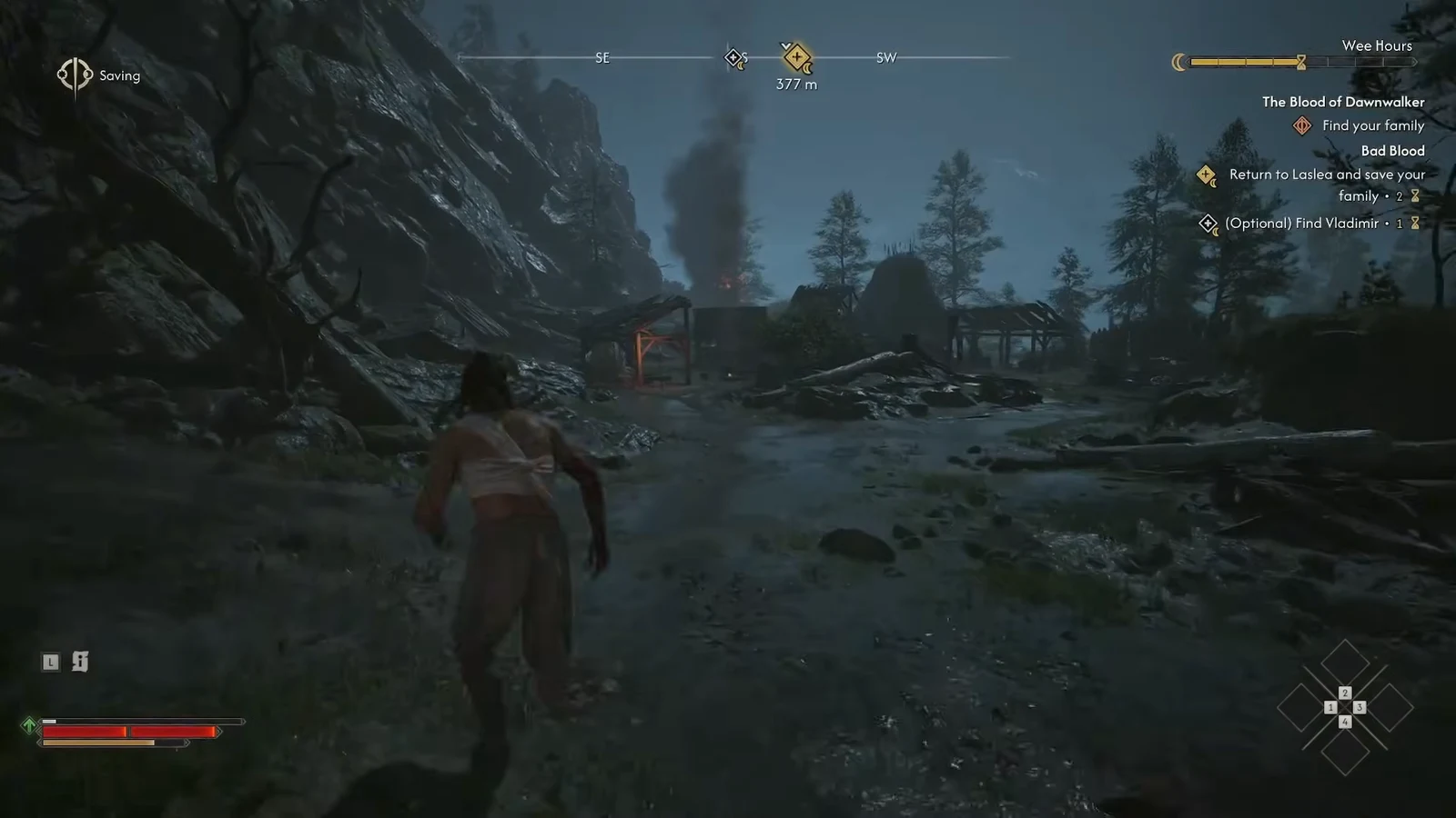 Coen moving through a ruined camp with the Bad Blood objective tracked on screen