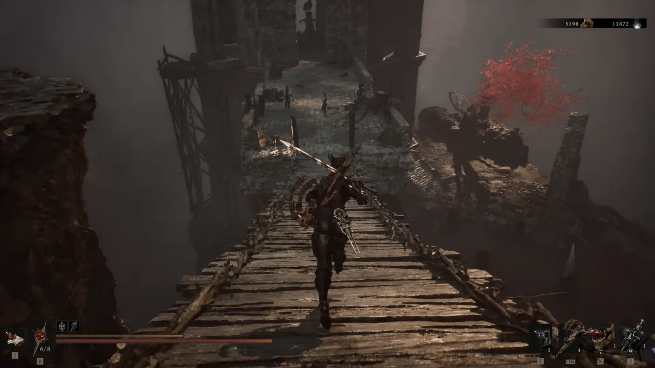 Player character crossing a wooden bridge toward a stone fortress in Sester's Refuge