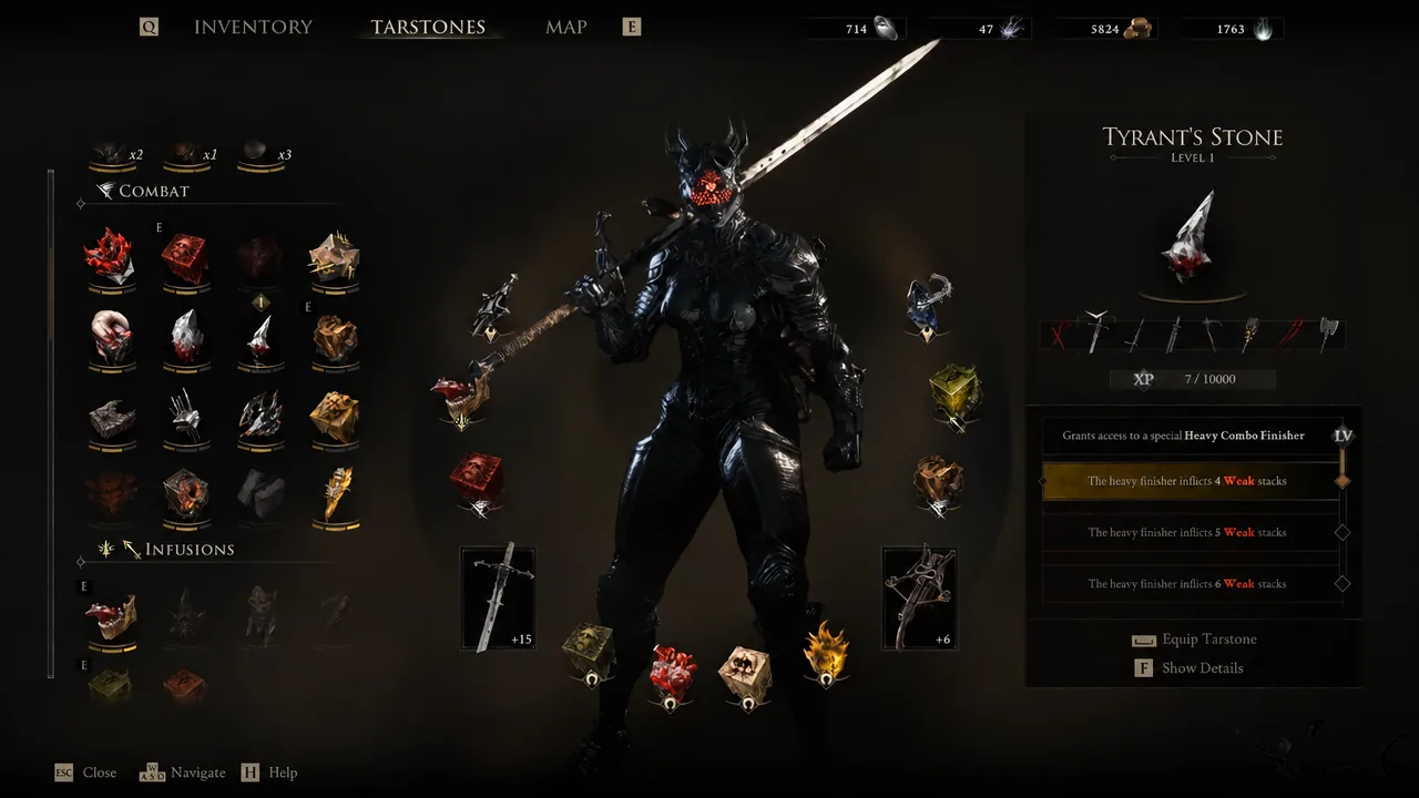 Tarstones menu showing the Tyrant's Stone with its level, XP bar and Heavy Combo Finisher effect