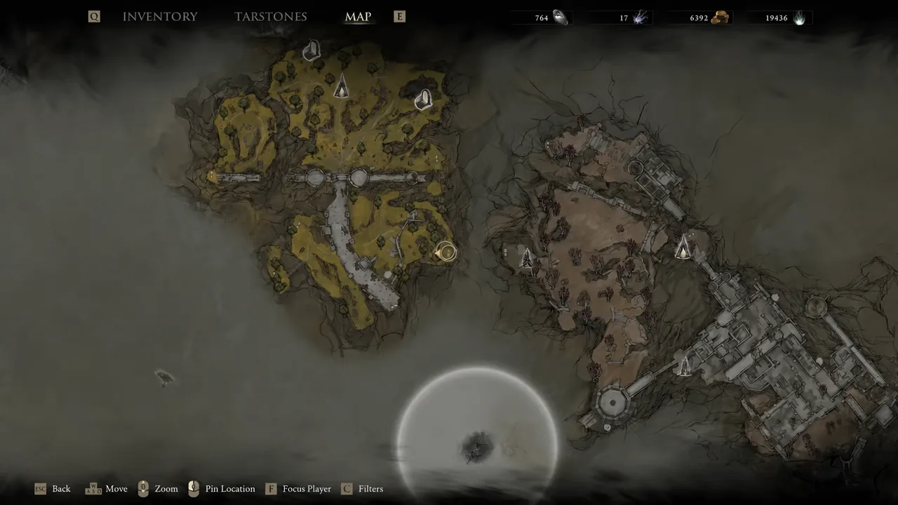 World map screen with a circular marker showing the player's position in the Ruins of Mammon