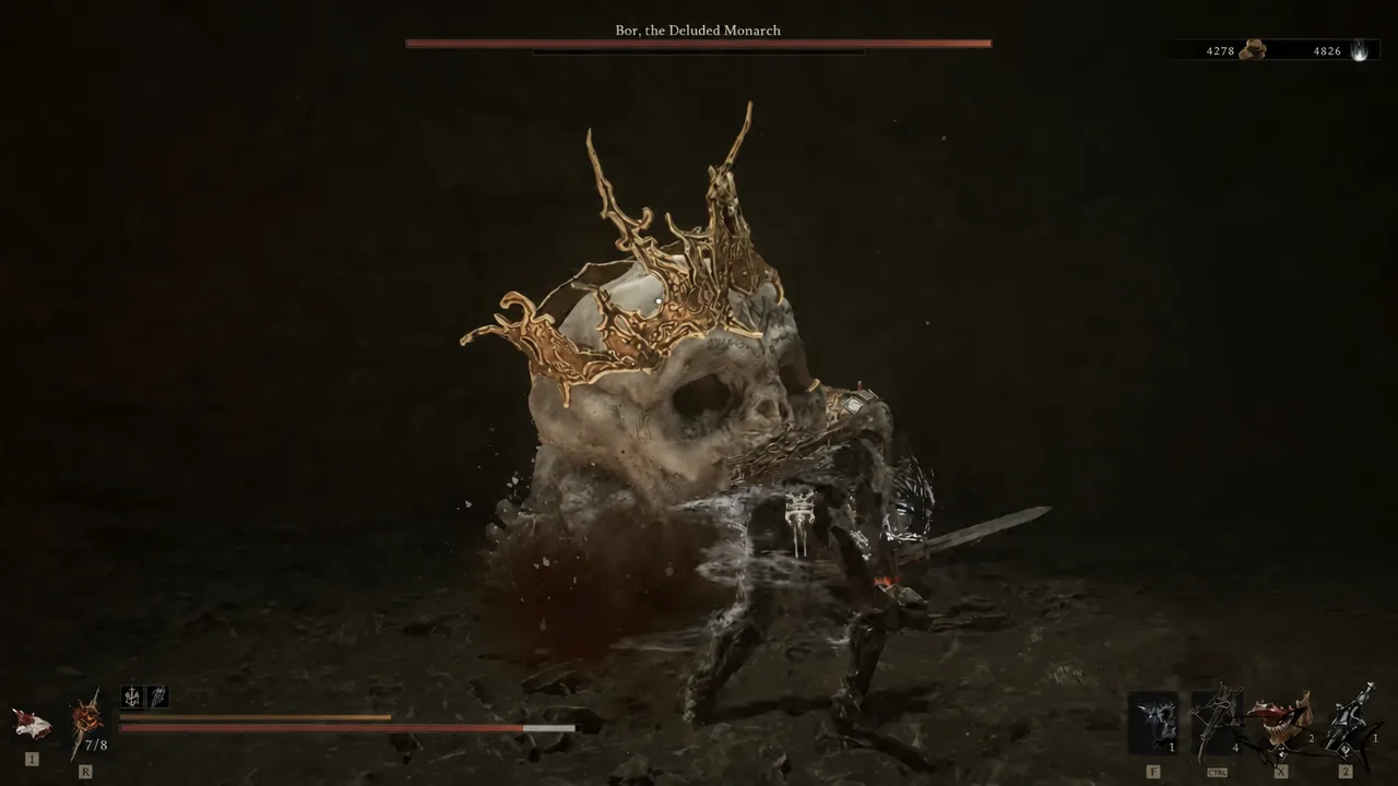Boss encounter with Bor, the Deluded Monarch, his health bar shown at the bottom of the screen