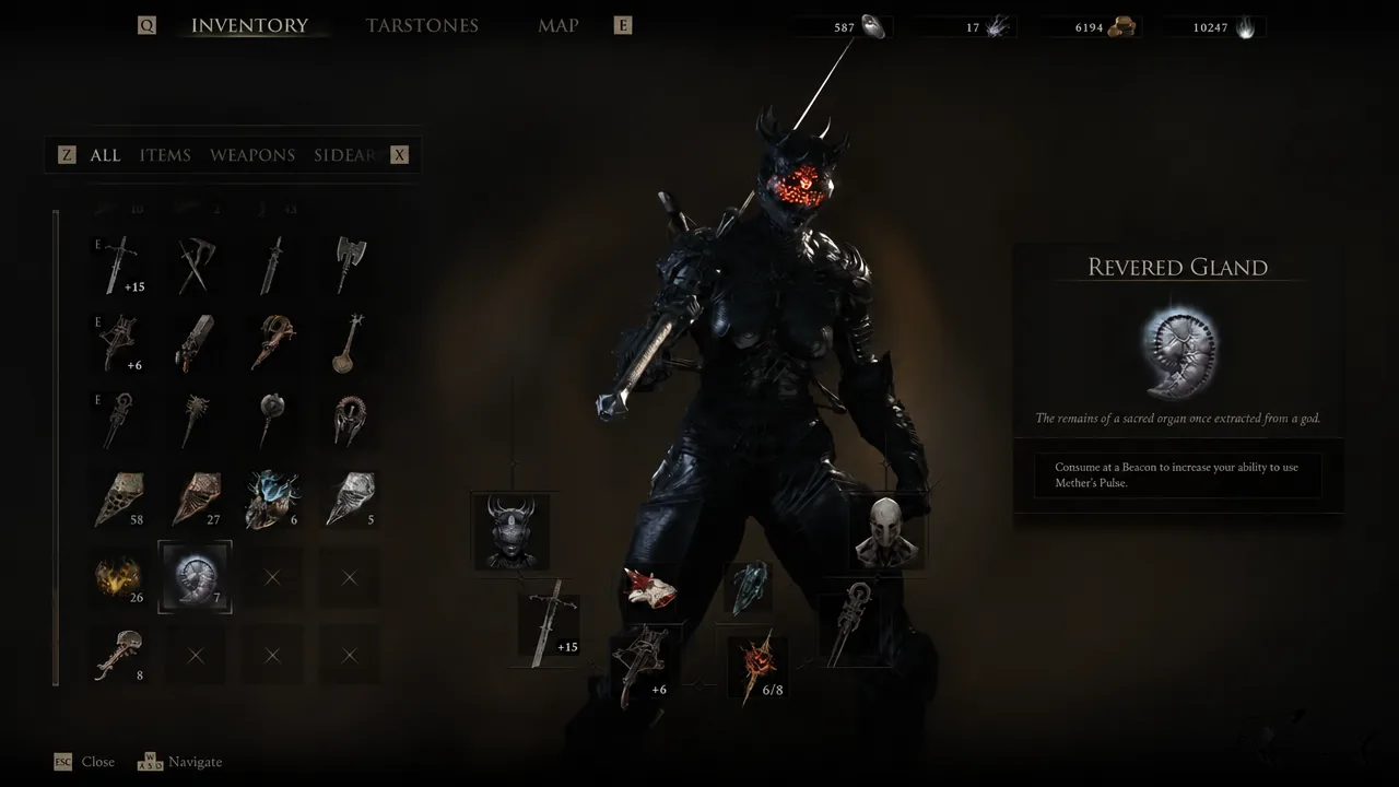 Inventory screen showing the Revered Gland selected with its item details