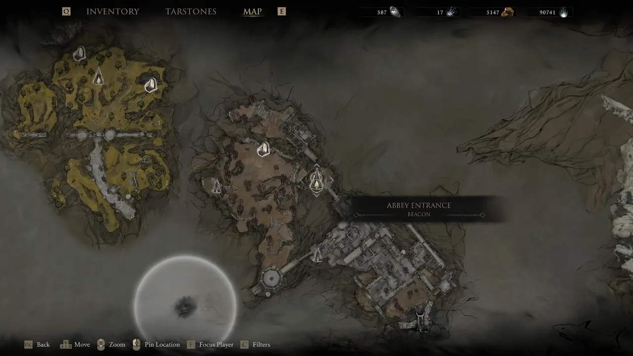 Map screen with the Abbey Entrance Beacon highlighted for fast travel