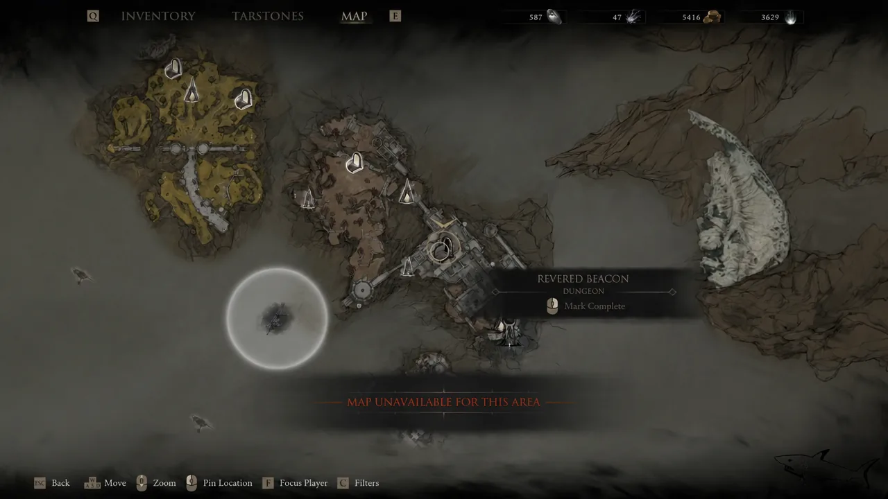Map screen showing the Revered Beacon dungeon flagged as Mark Complete