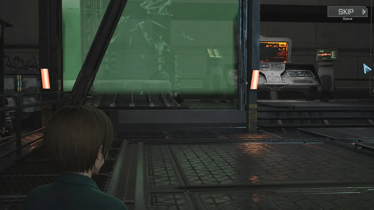Gameplay screen showing the SKIP prompt bound to the Space key during a cutscene