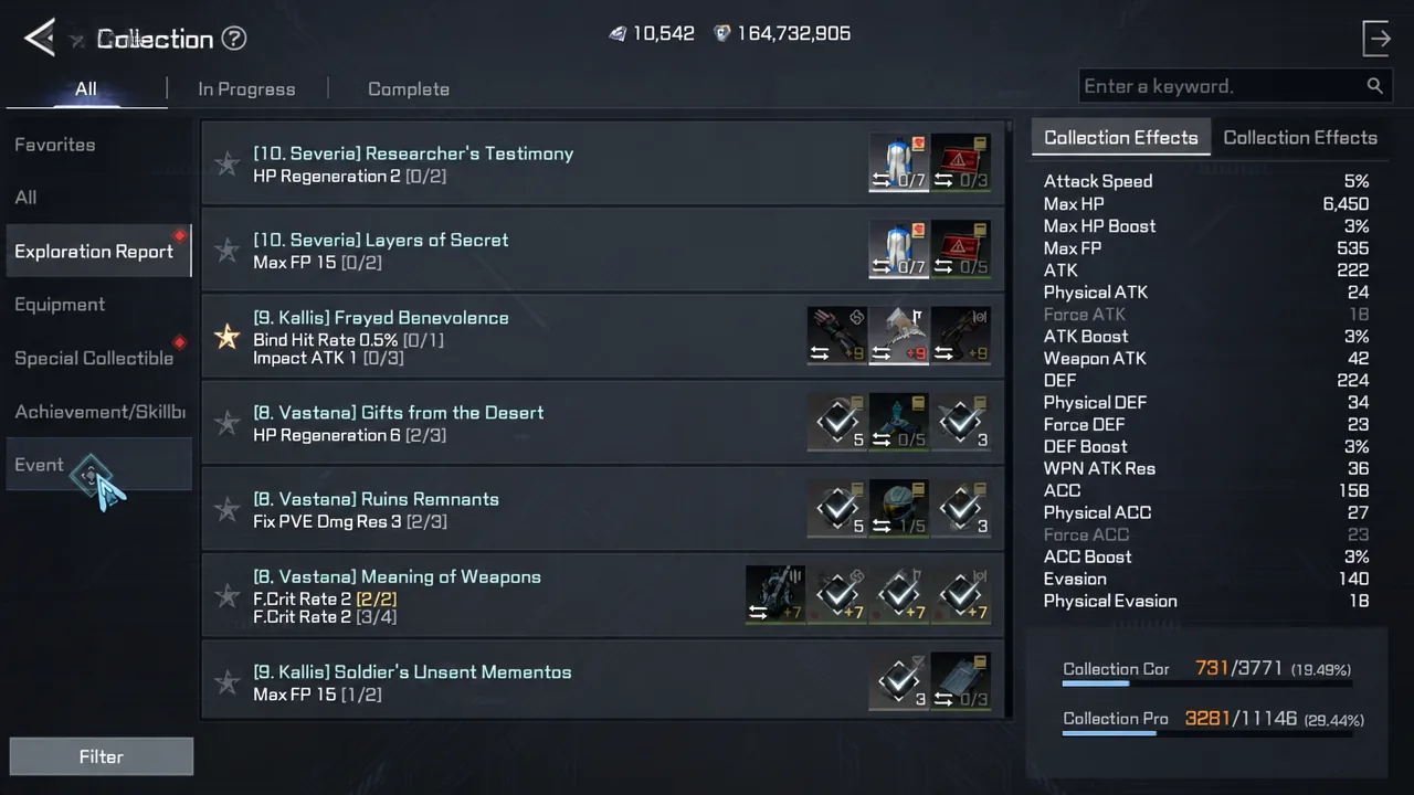 Collection menu with the Event category selected in the left-hand list