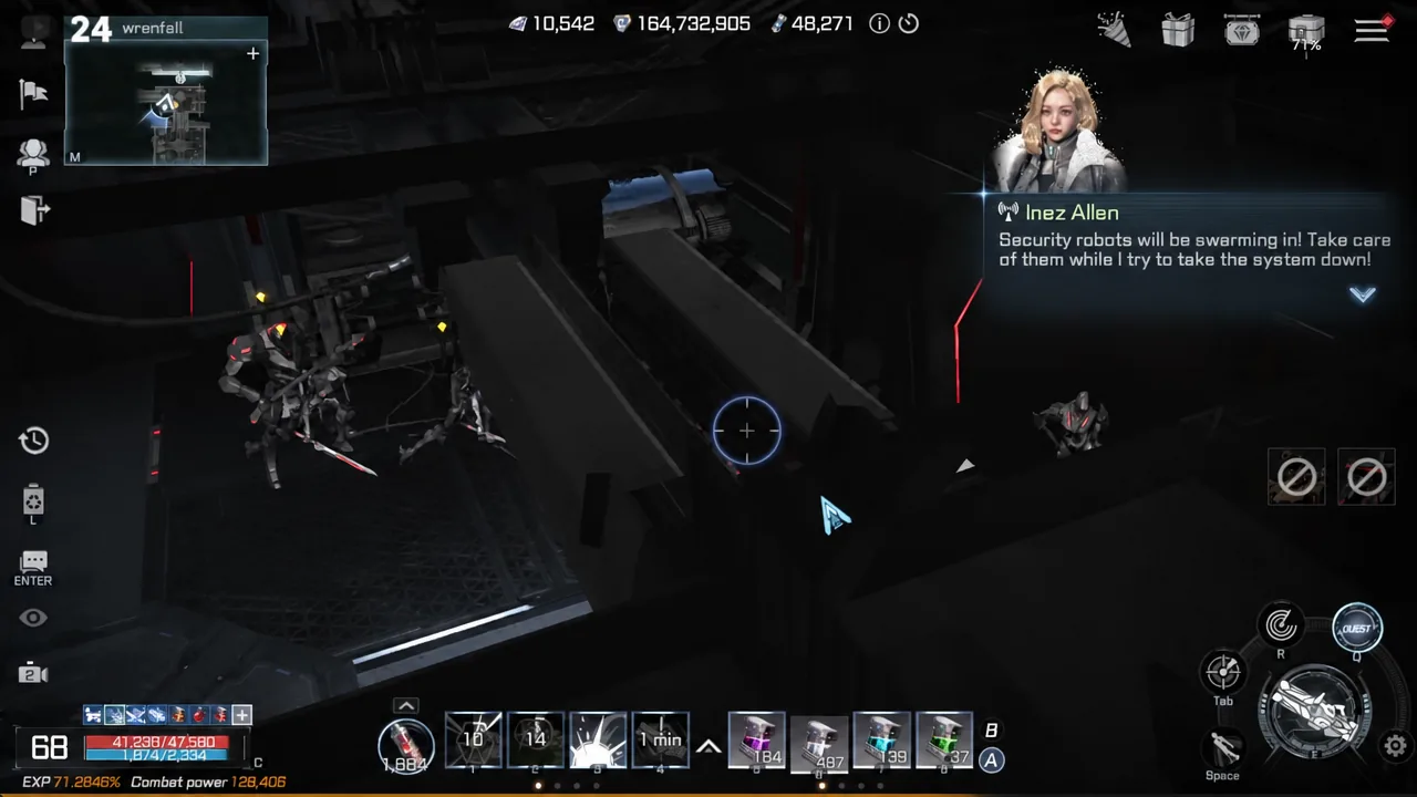 Crosshair locked on swarming security robots inside the Peaceful Secret Lab