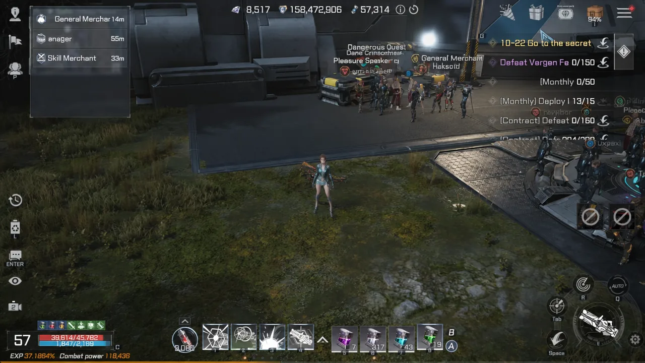 Nearby interactions panel open in Cortia showing a merchant entry while the character stands in the trading area