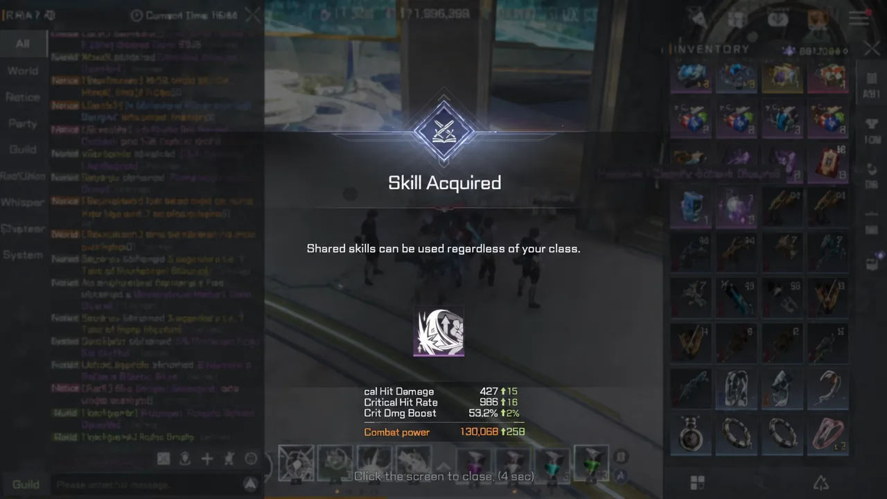 Skill Acquired popup showing the newly unlocked shared skill icon
