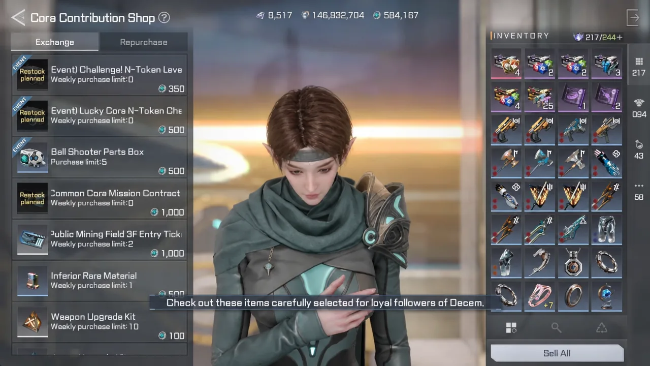 Cora Contribution Shop with the Exchange tab open and purchasable token items listed