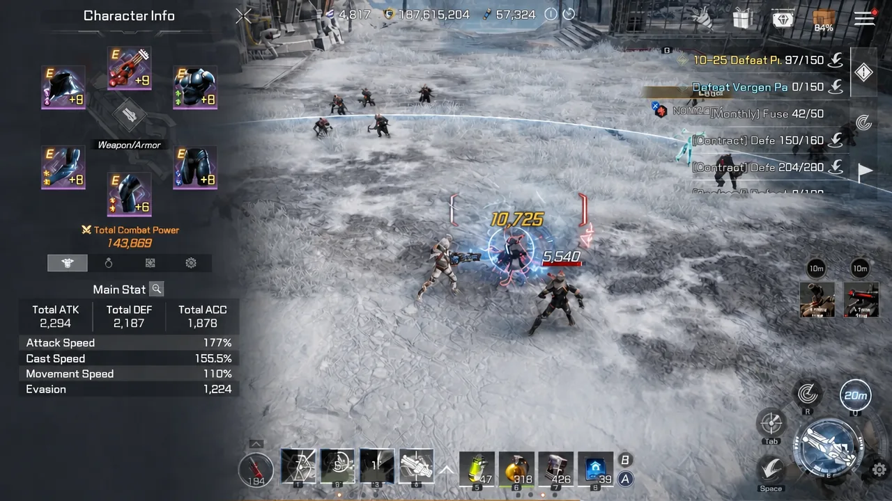 Character Info screen showing weapon and armor slots alongside main stat values
