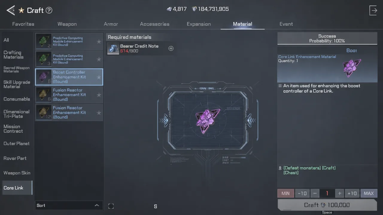 Craft screen Material tab with the Core Link Boost Controller Enhancement Kit selected