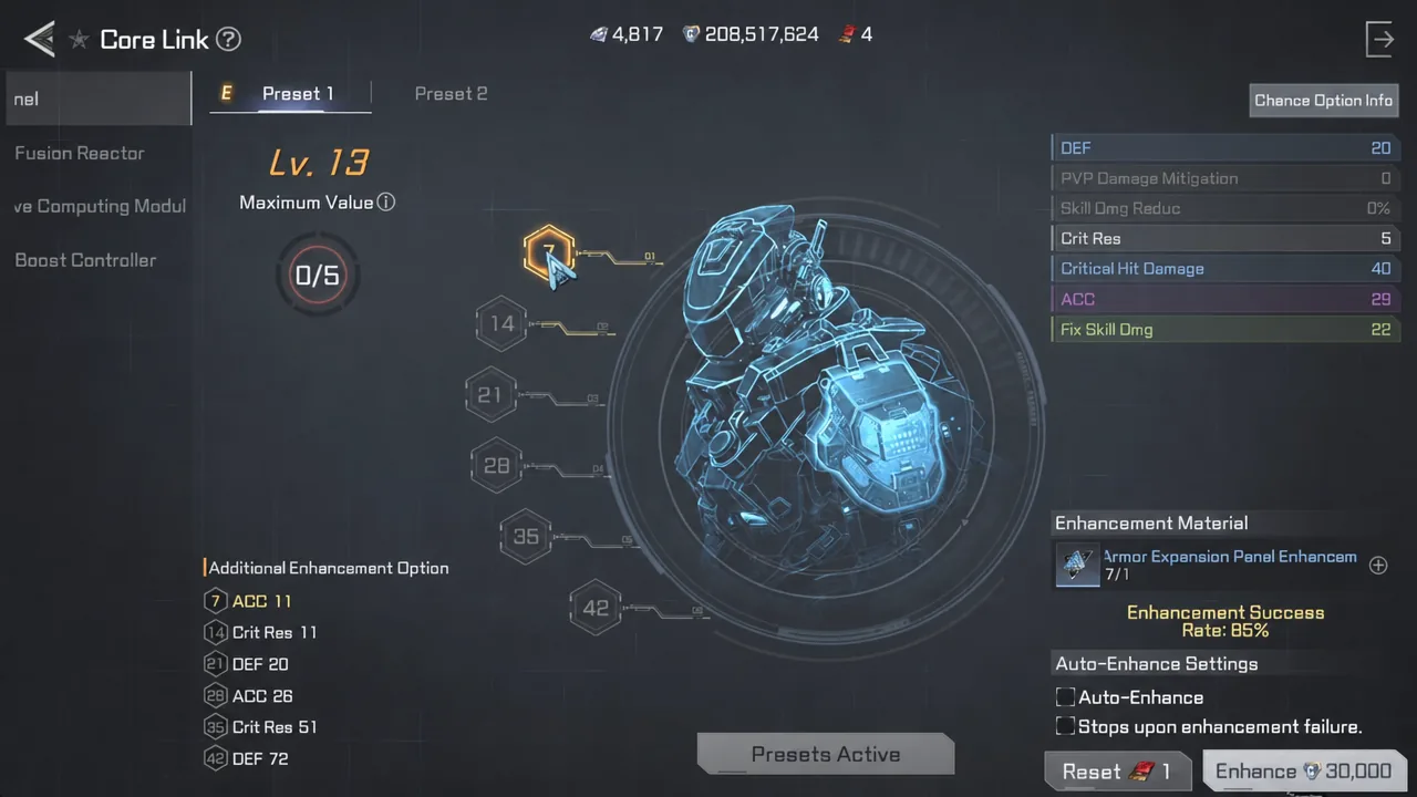 Core Link menu with Preset 1 active and the level 7 node selected for enhancement
