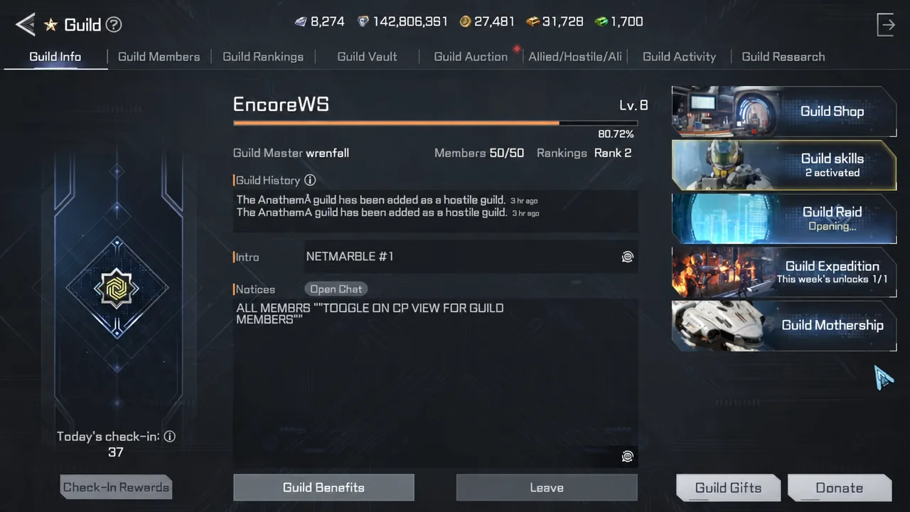 Guild Info screen with the Guild skills button highlighted and two skills active