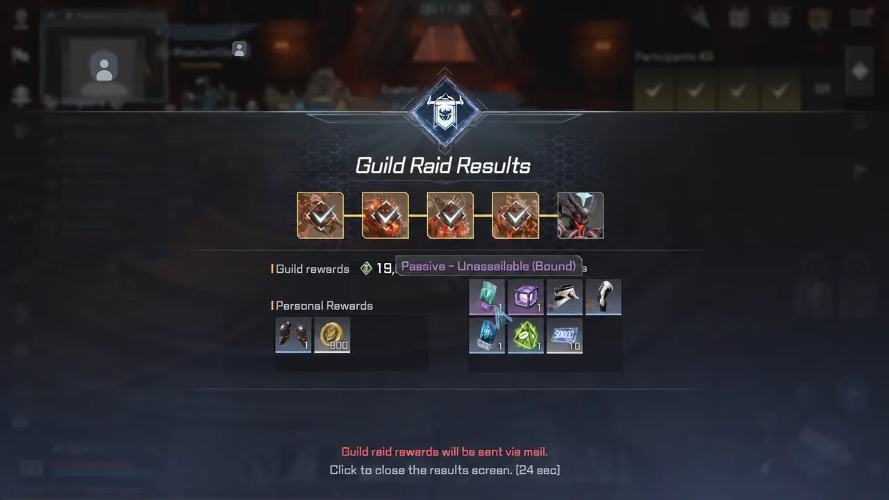 Guild Raid Results screen with the Passive - Unassailable (Bound) skillbook highlighted