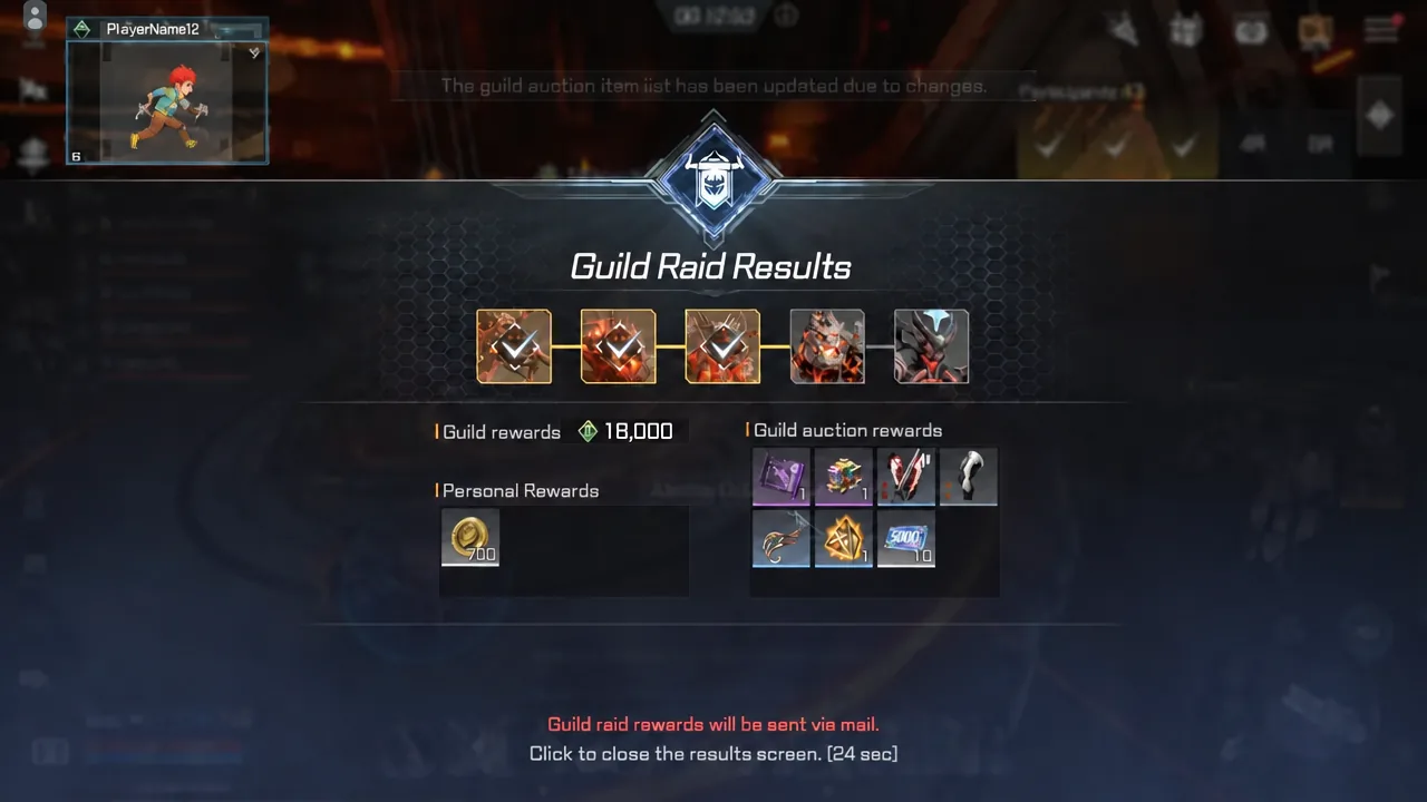 Guild Raid Results window showing guild and personal reward columns