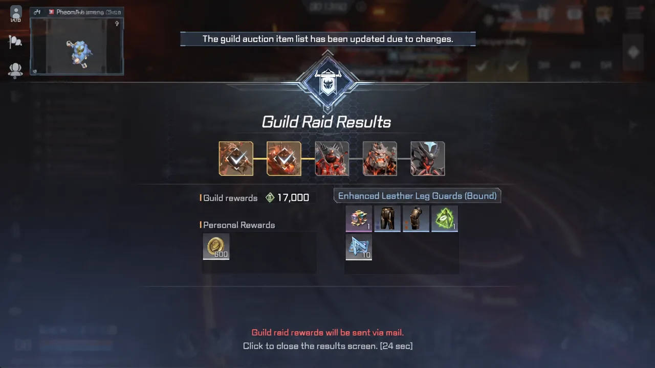 Guild Raid Results screen listing an Enhanced Leather Leg Guards (Bound) reward